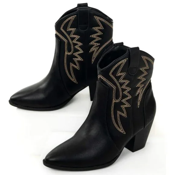 NEW Black Pointy Toe Block Heel Western Stitch Embroidery PU Leather Ankle Boots - Picture 9 of 10